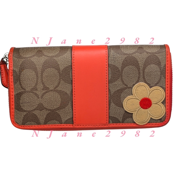 Coach Signature C Zip Long Wallet Brown Khaki Coated Canvas Orange Leather Trim - Picture 3 of 16